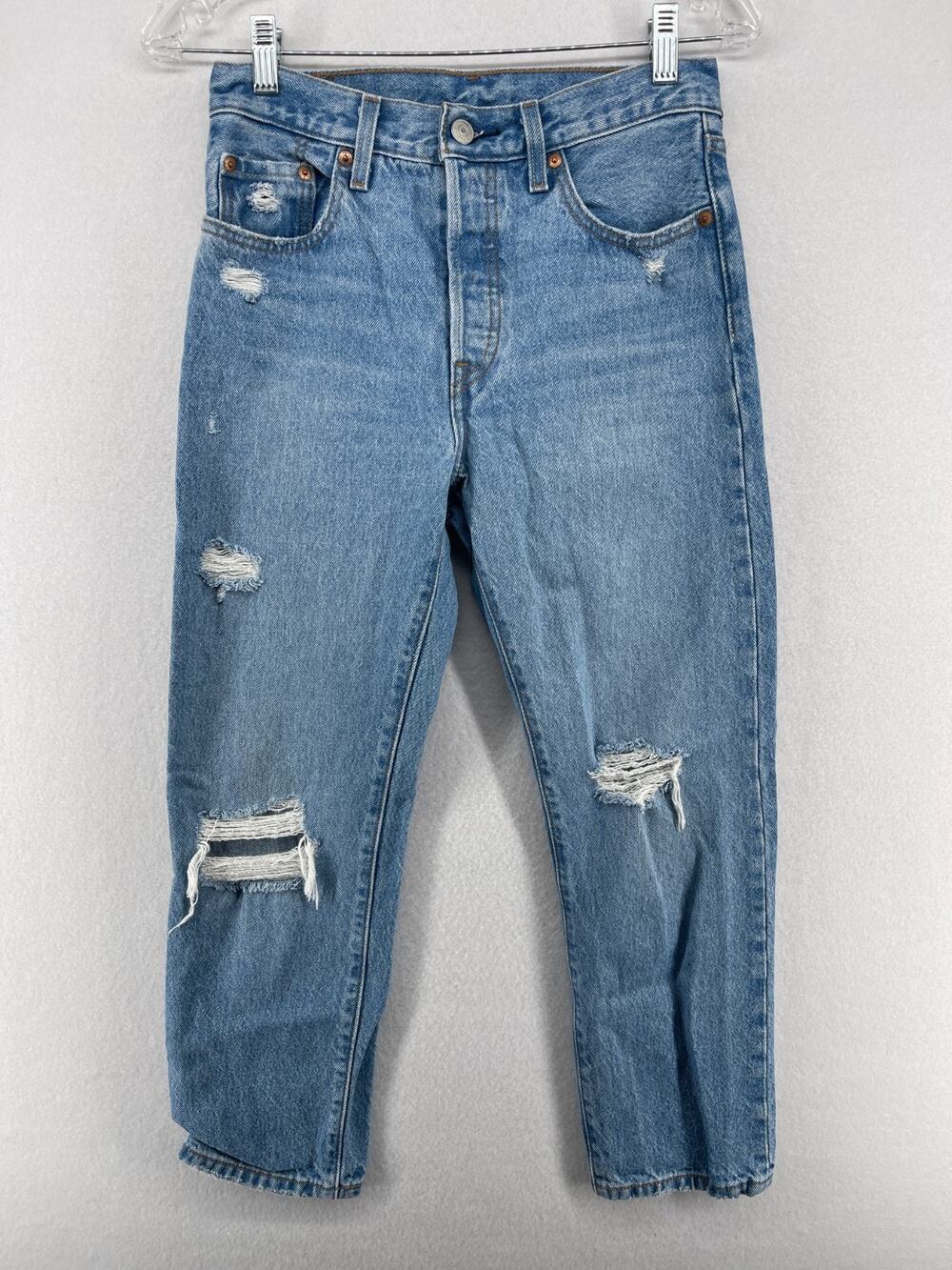 LEVIS Jeans Womens 25x26 501 Slim Fit Distressed Denim Light Wash Cotton Blue